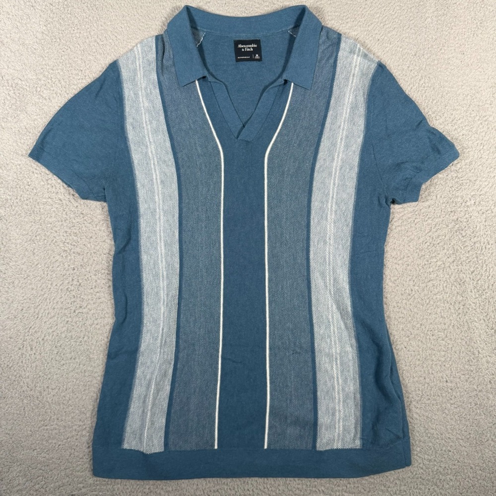 Abercrombie & Fitch Sweater Mens Medium Blue Striped Featherweight Polo Silk